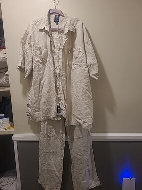 VTG Phat Farm 2 Piece 100% Linen Set Size XL White Beach Resort Pants & Shirt